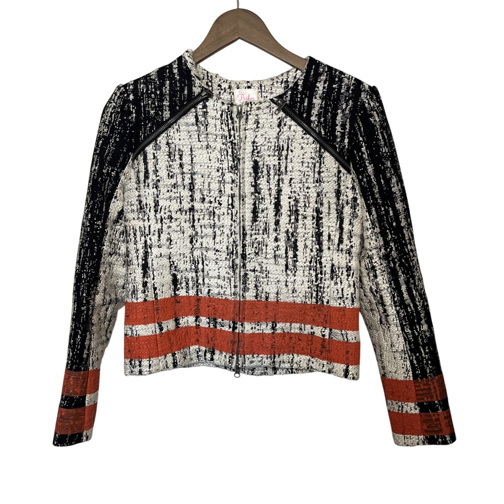 Parker‎ Tweed Boucle Moto Zip Up Jacket Blazer Black White Orange Stripe XS